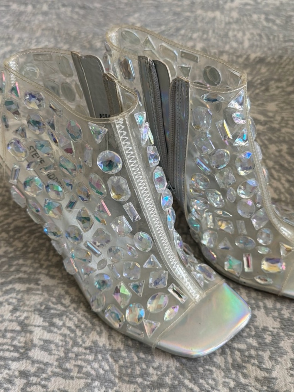 Steve Madden Clear Iridescent Gem Embellished Peep-Toe Booties - Silver